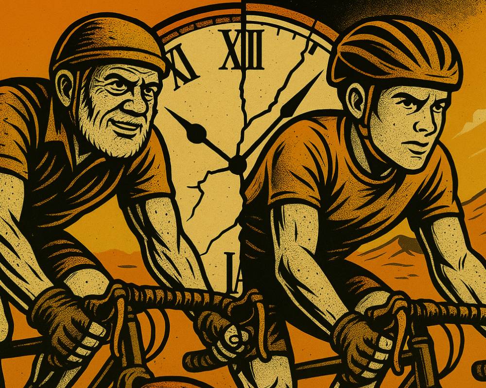“Split-frame illustration of older and younger cyclists pushing hard — showing age is no limiter”