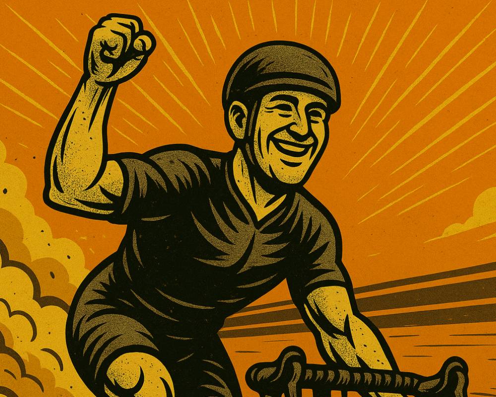 “Triumphant cyclist raising fist in victory with dust cloud and rays — ready to start coaching”