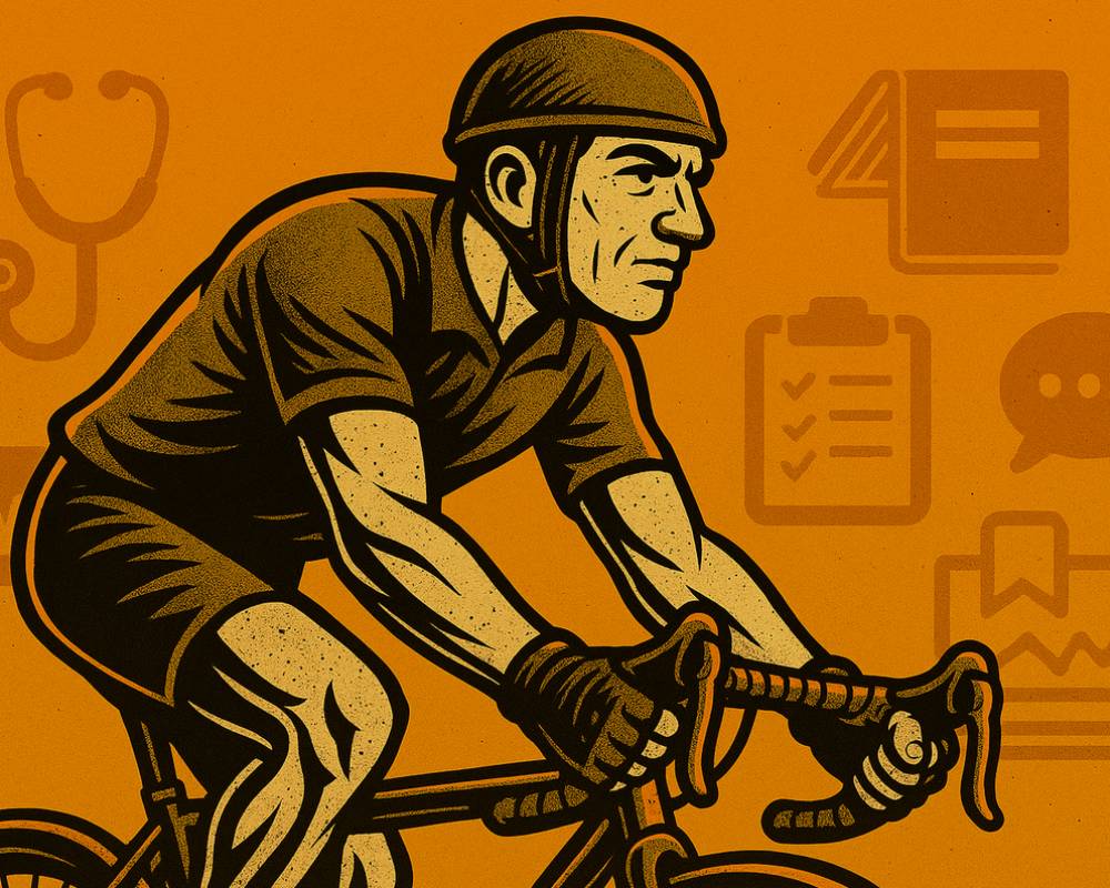 “Cyclist surrounded by icons for onboarding, testing, modules, weekly intel and direct comms”
