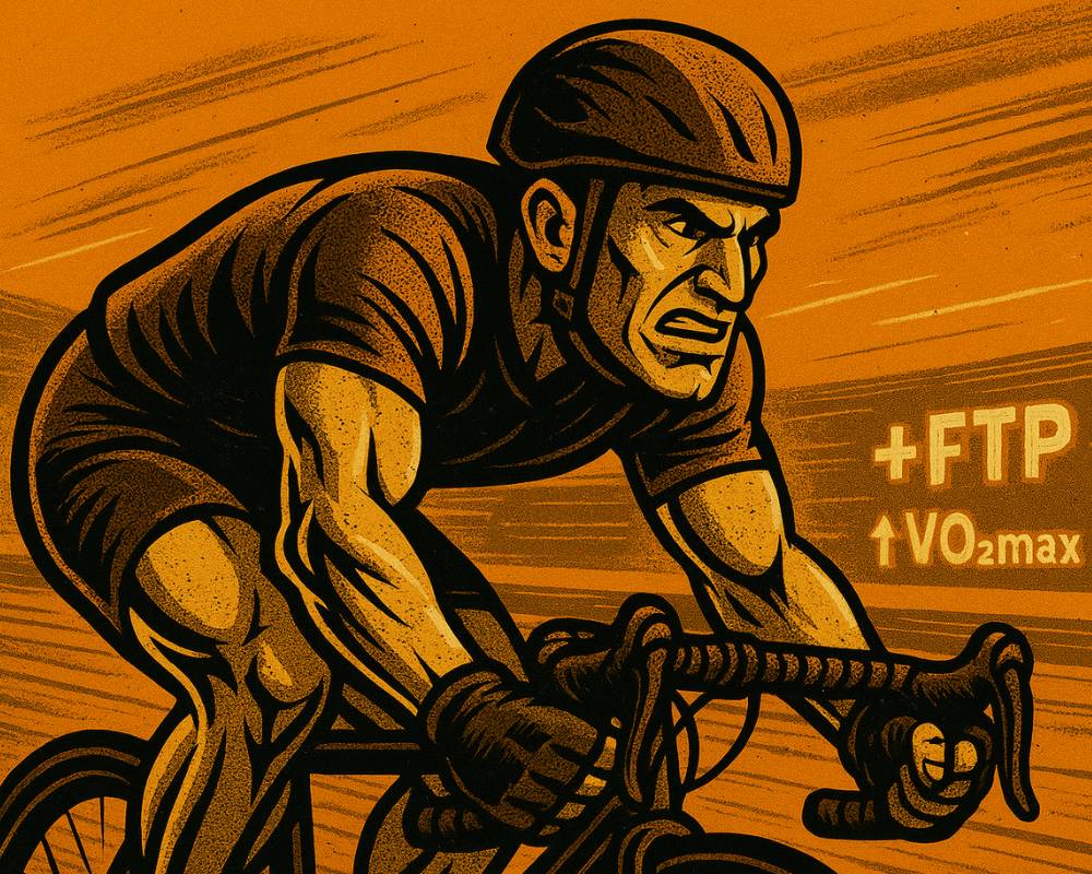 “Strong cyclist on a race track with +FTP and ↑VO₂max stats — aspirational training results”