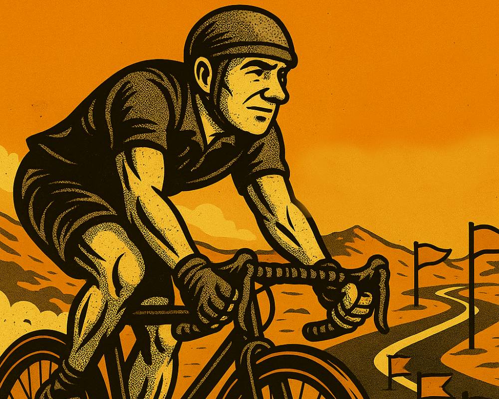 “Cyclist on a road timeline with checkpoints — Incrementel coaching packages visualised”