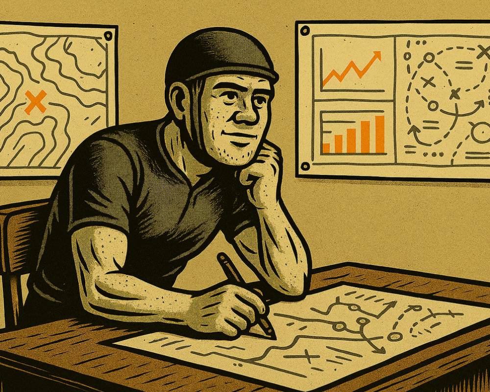 “Cyclist at a desk with maps and training graphs — Incrementel self-coaching approach explained”